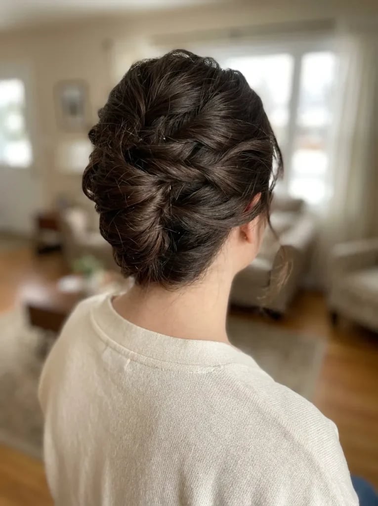 Dark Brown Intricate Braided Updo Dark Brown Intricate Braided Updo — Classy Casual Updo