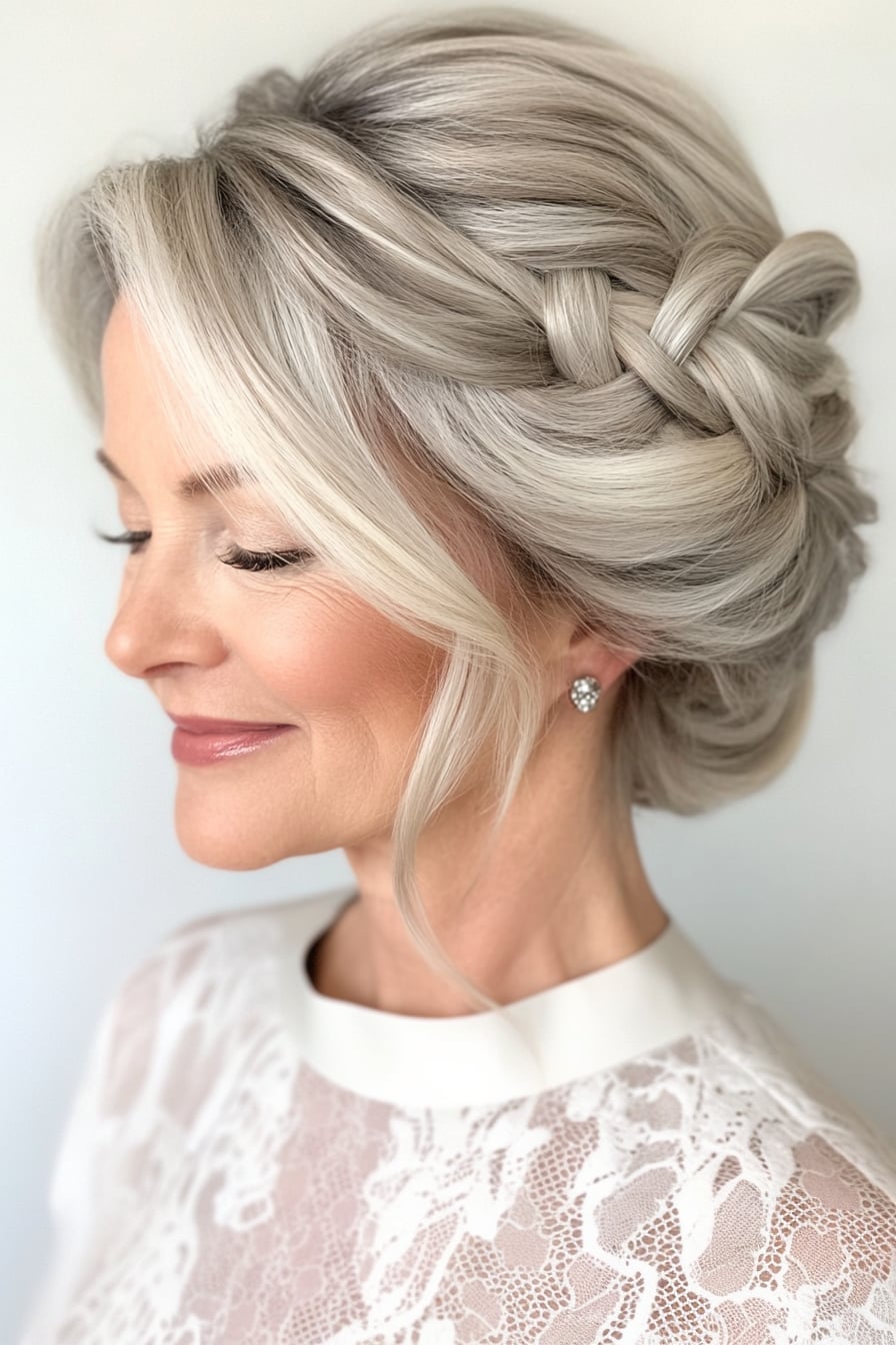 Silver Grey Braided Updo With Wispy Bangs Silver Grey Braided Updo With Wispy Bangs — Classy Casual Updo