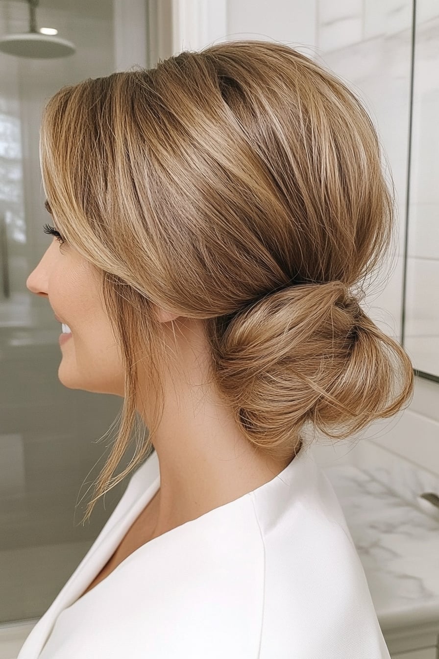 Soft Textured Low Updo With Face-Framing Pieces Soft Textured Low Updo With Face-Framing Pieces — Classy Casual Updo