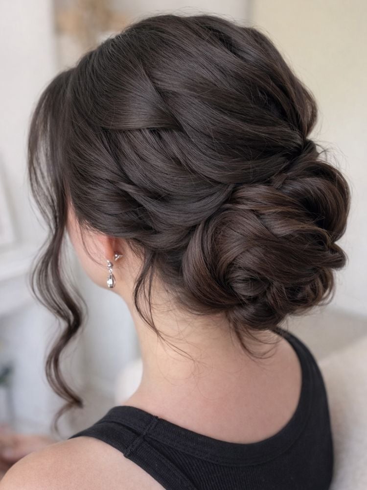 Romantic Low Updo With Braided Detail Romantic Low Updo With Braided Detail — Classy Casual Updo