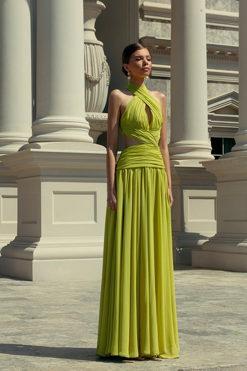 Lime Green Chiffon Halter Maxi Dress with Cut-Outs — Classy Chiffon Dresses