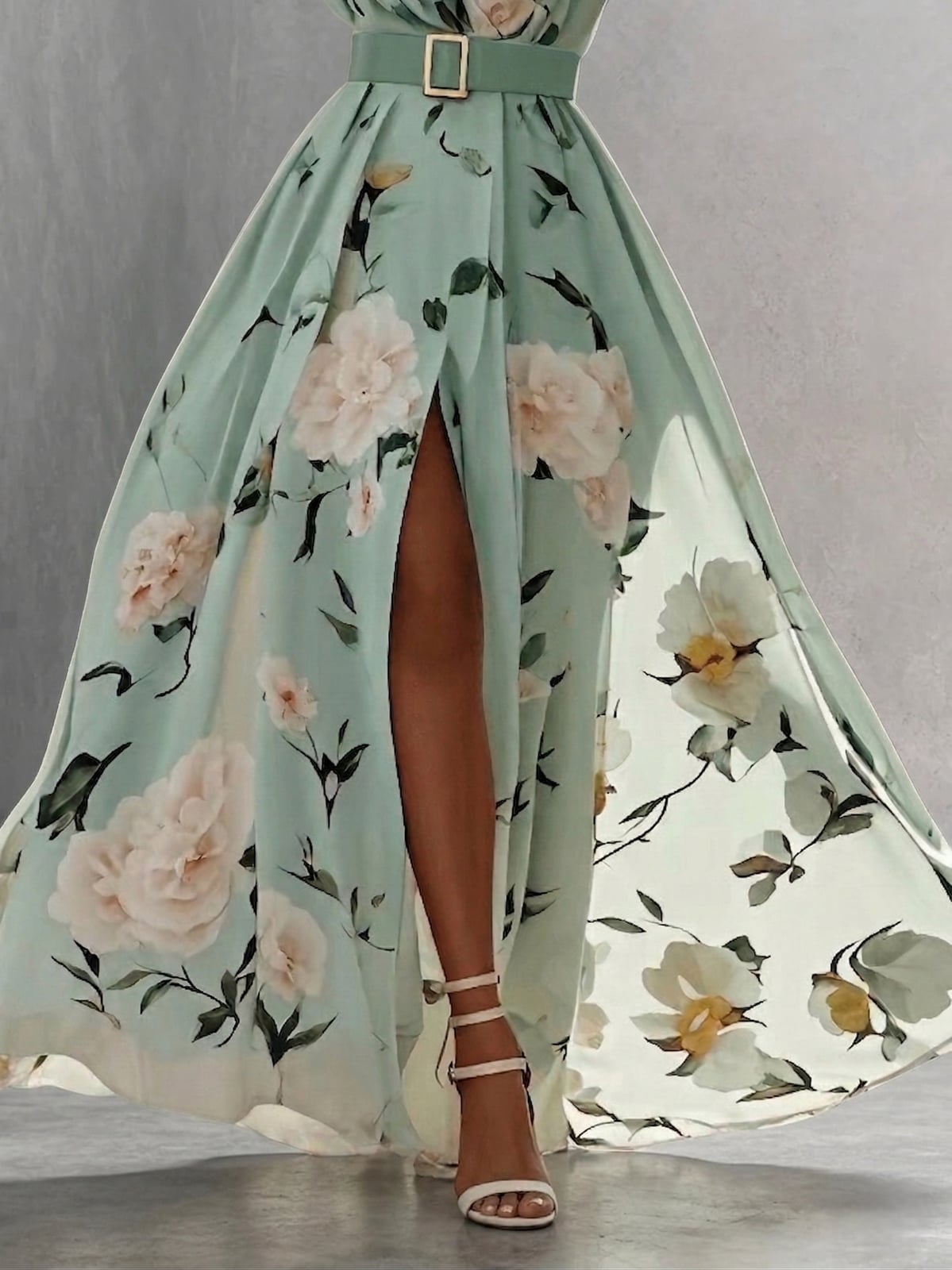 Mint Green Floral Chiffon Maxi Dress with High Slit — Classy Chiffon Dresses