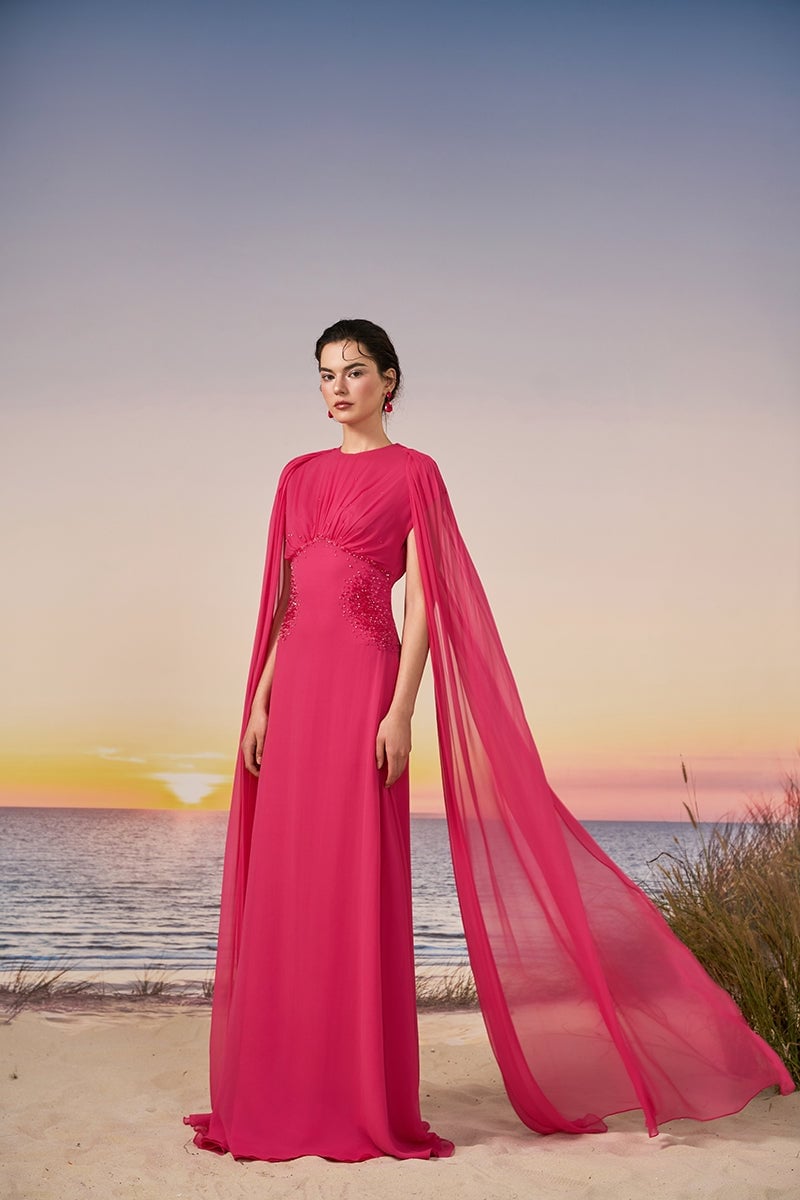 Fuchsia Chiffon Maxi Dress with Cape Sleeves — Classy Chiffon Dresses