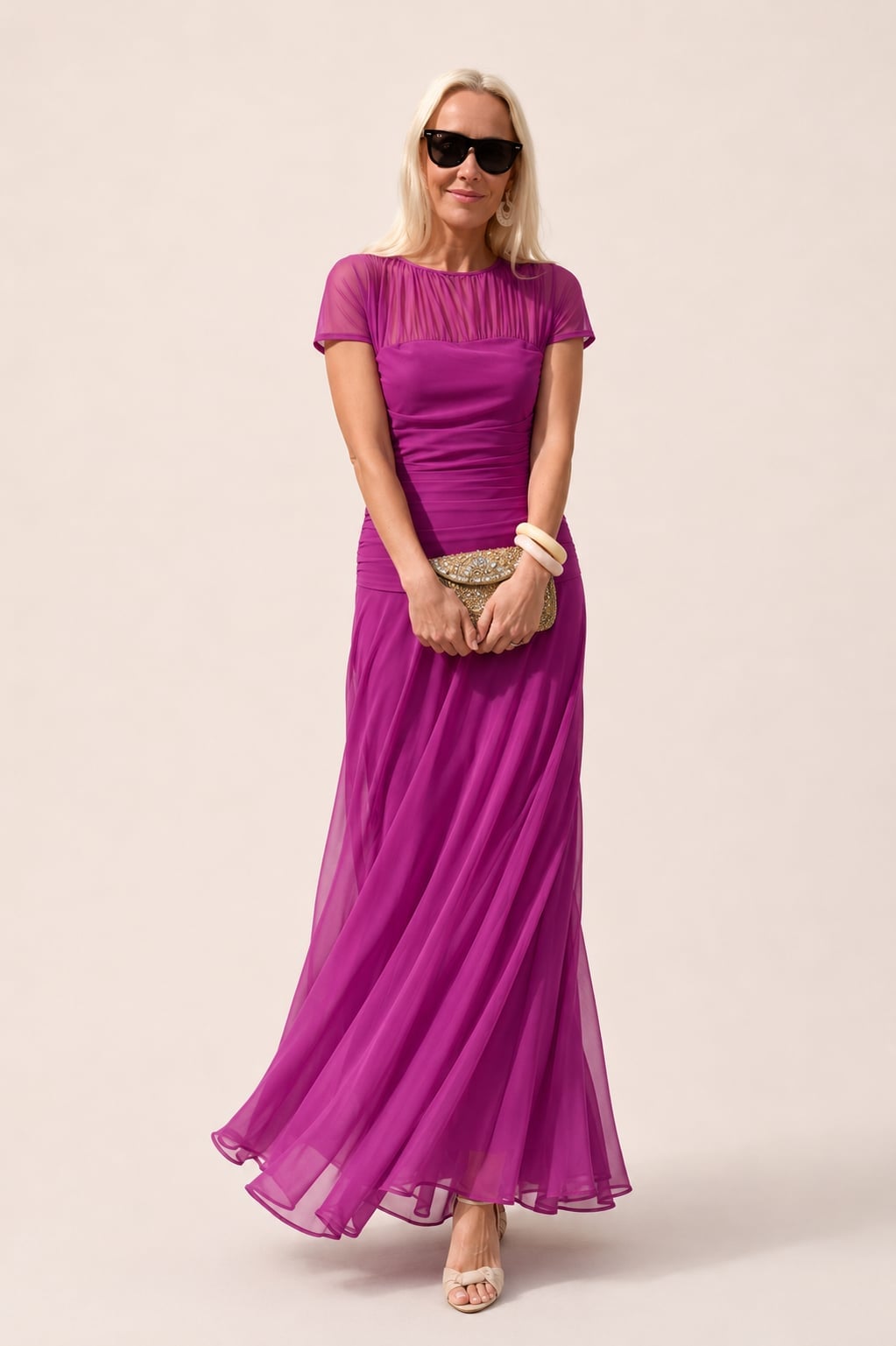 Purple Chiffon Maxi Dress with Sheer Overlay Skirt — Classy Chiffon Dresses