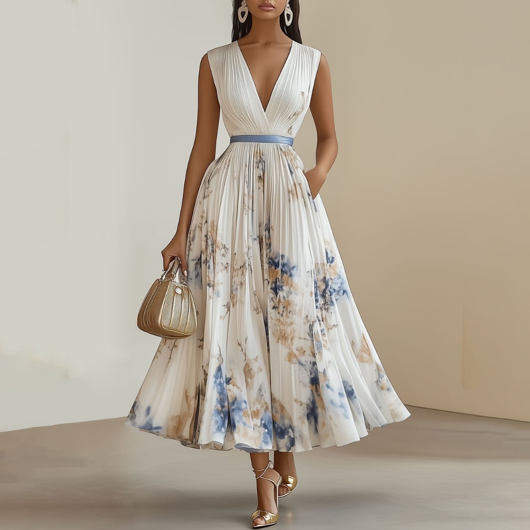 White Floral Print Chiffon Midi Dress with Pleated Skirt — Classy Chiffon Dresses