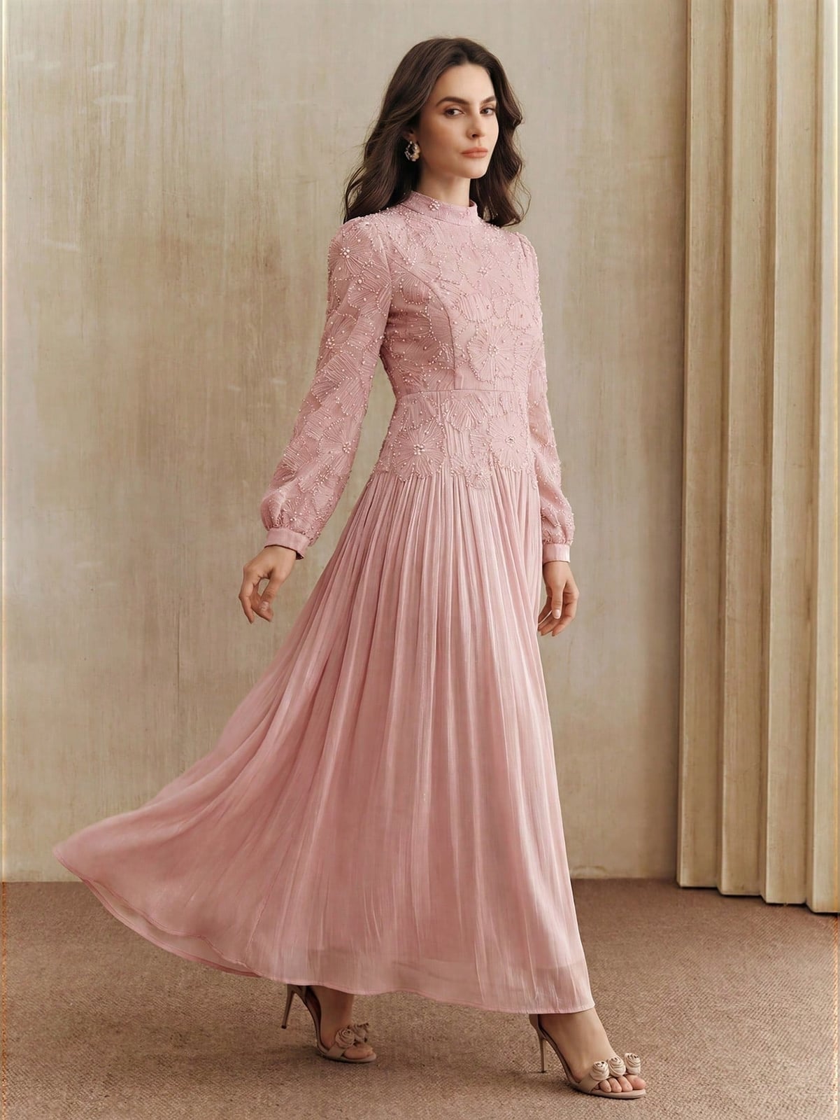 Pink Sequin Embroidered Chiffon Dress with Pleated Skirt — Classy Chiffon Dresses