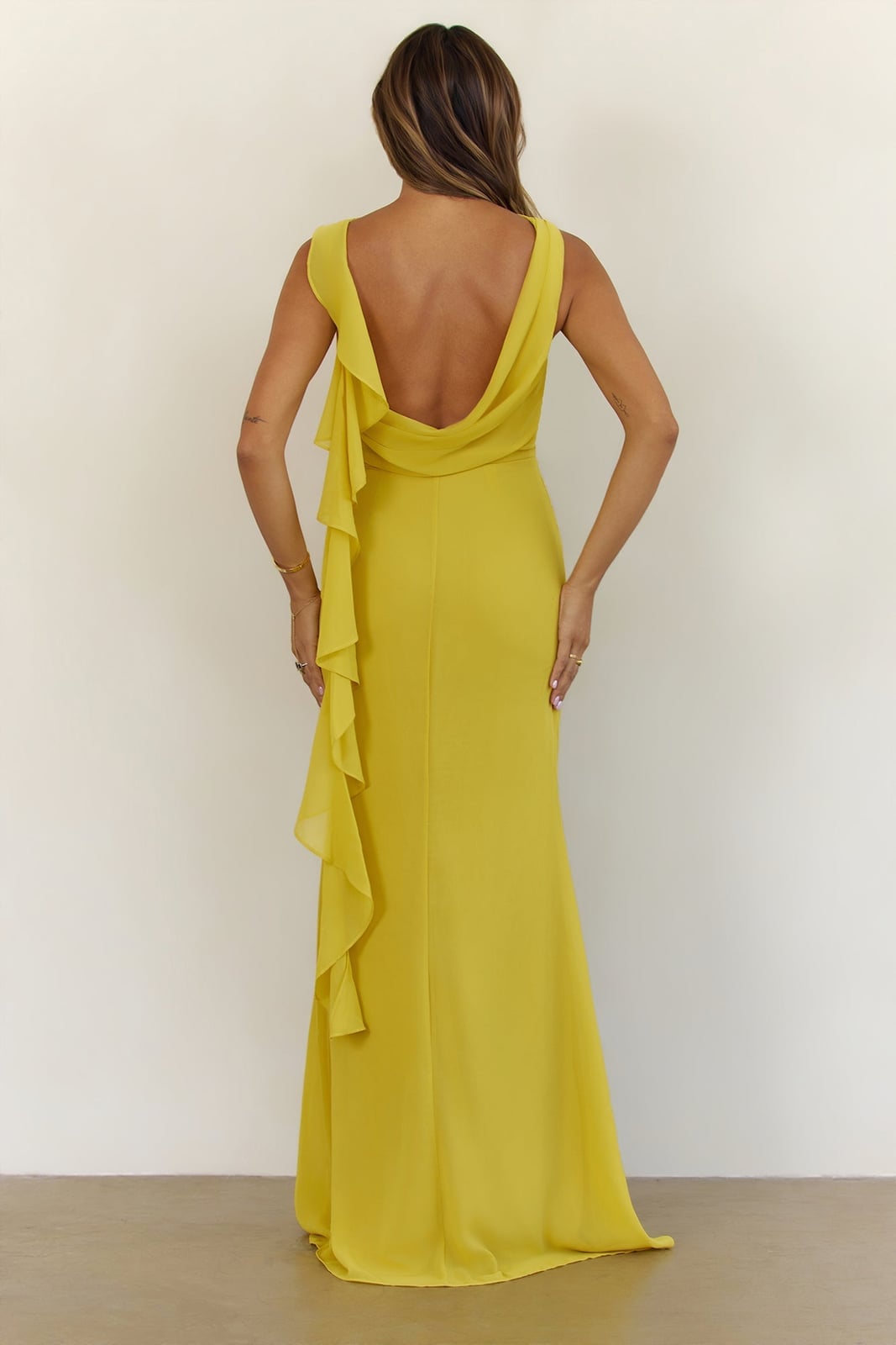Yellow Chiffon Maxi Dress with Draped Cowl Back, Close-Up Take — Classy Chiffon Dresses