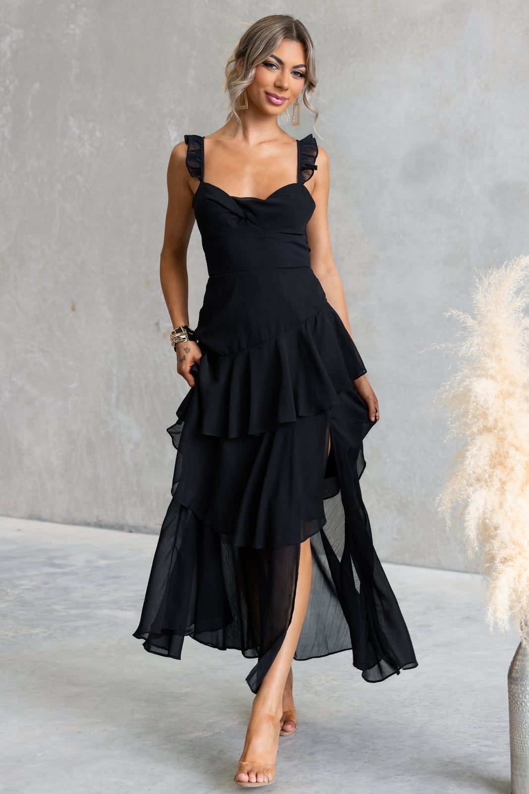 Black Chiffon Dress with Tiered Ruffled Skirt — Classy Chiffon Dresses