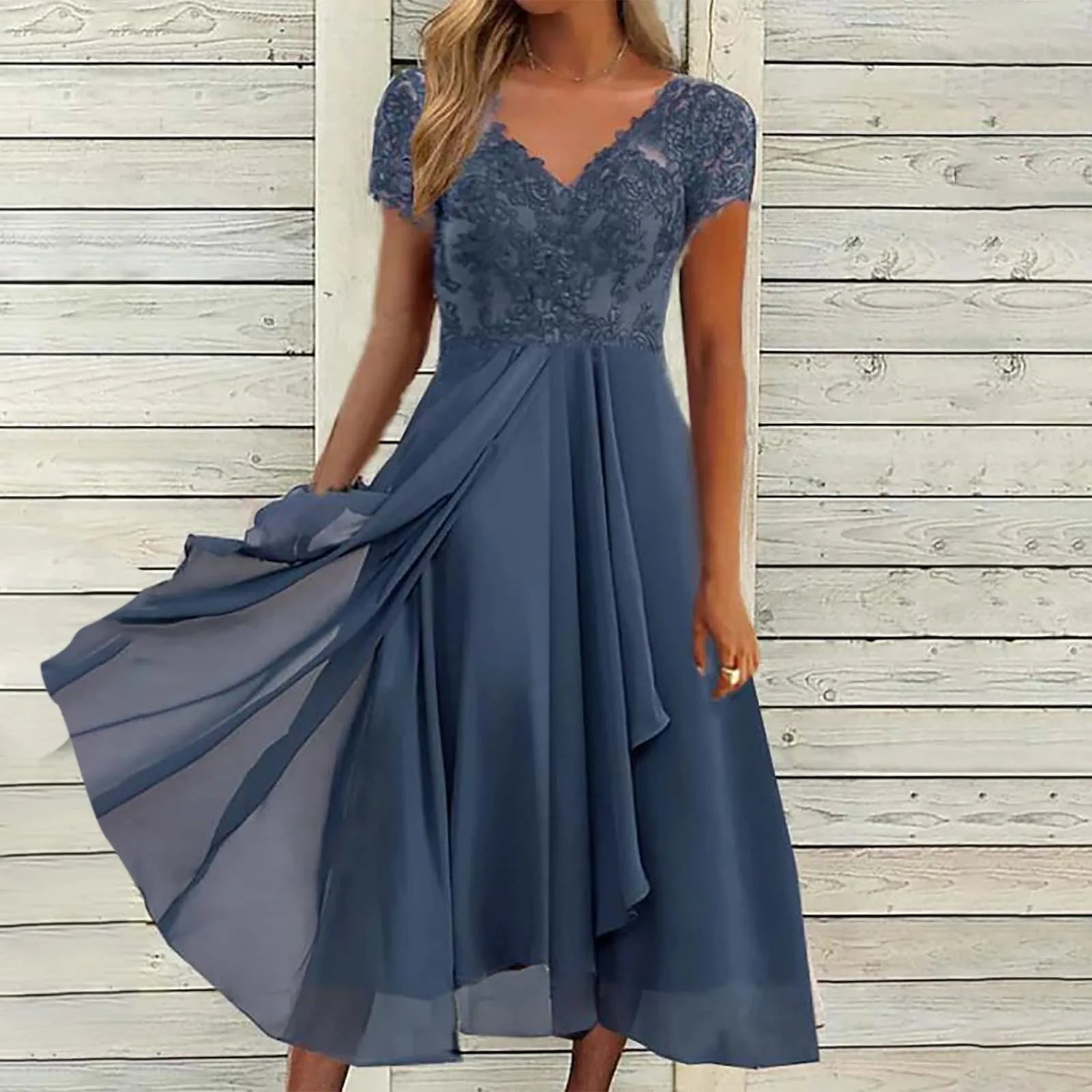 Denim Blue Chiffon Dress with Lace Neckline — Classy Chiffon Dresses