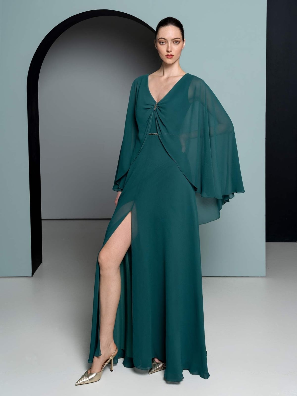 Teal Chiffon Maxi Dress with Cape Sleeves, Office-Safe Version — Classy Chiffon Dresses