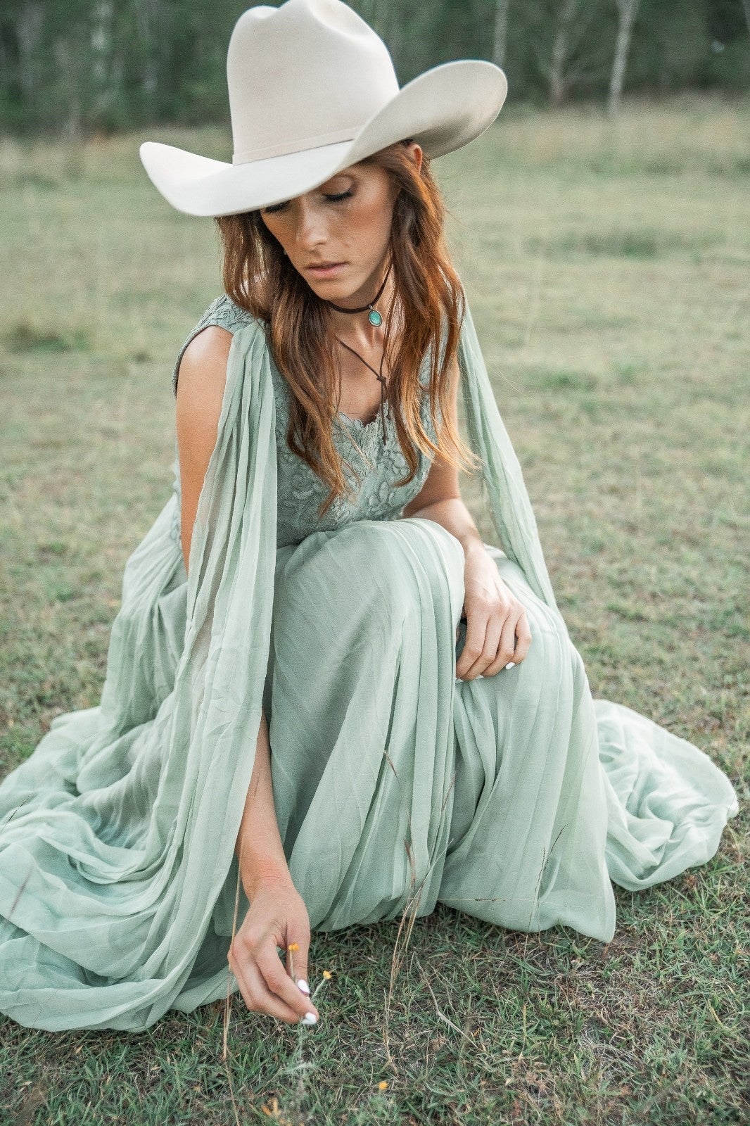 Sage Green Chiffon Dress with Lace Bodice Detail, Close-Up Take — Classy Chiffon Dresses