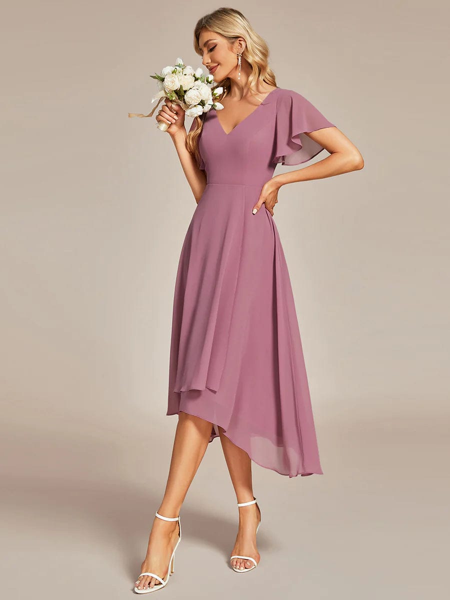 Orchid Pink Chiffon Dress with Asymmetrical Hem, Close-Up Take — Classy Chiffon Dresses