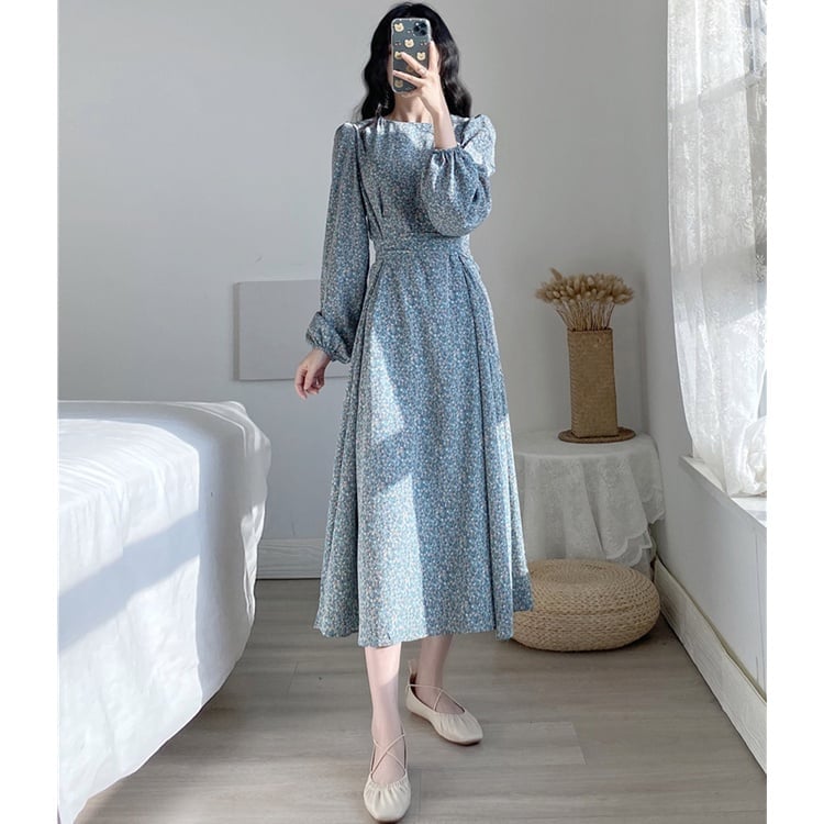 Blue and White Floral Chiffon Midi Dress with Belt, Close-Up Take — Classy Chiffon Dresses