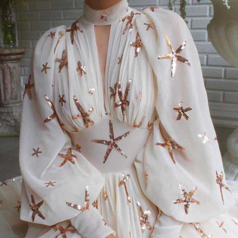 White Sequined Chiffon Dress with Voluminous Sleeves — Classy Chiffon Dresses