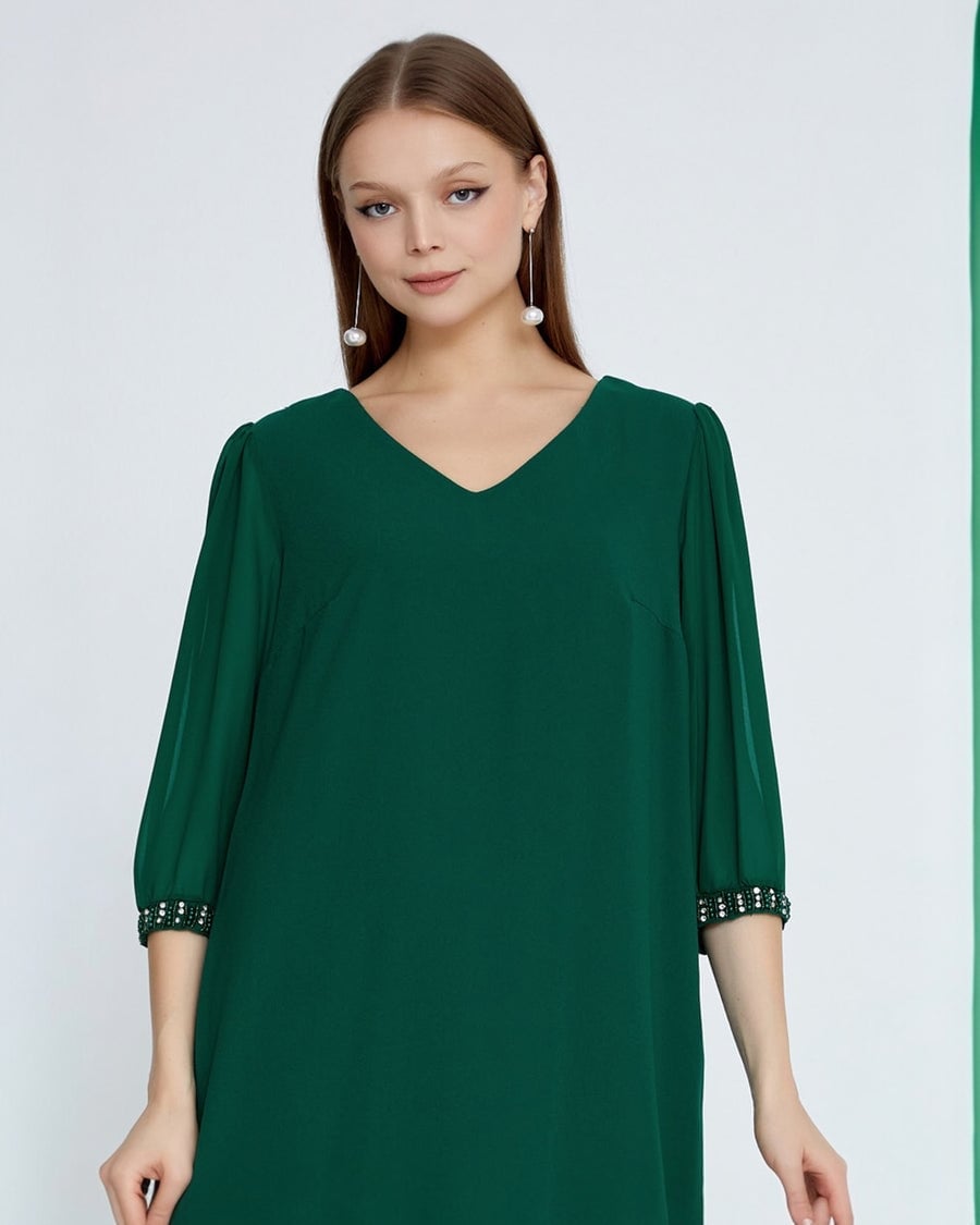 Emerald Green Chiffon Dress with Beaded Cuffs — Classy Chiffon Dresses