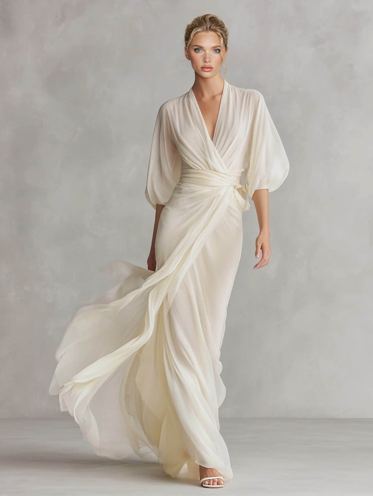 Cream Chiffon Maxi Dress with Draped Wrap Skirt — Classy Chiffon Dresses