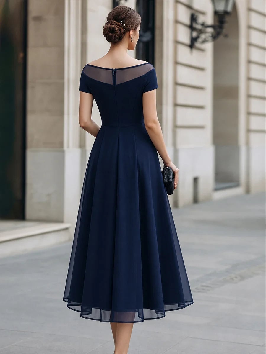 Navy Blue Chiffon Midi Dress with Sheer Overlay Neckline — Classy Chiffon Dresses
