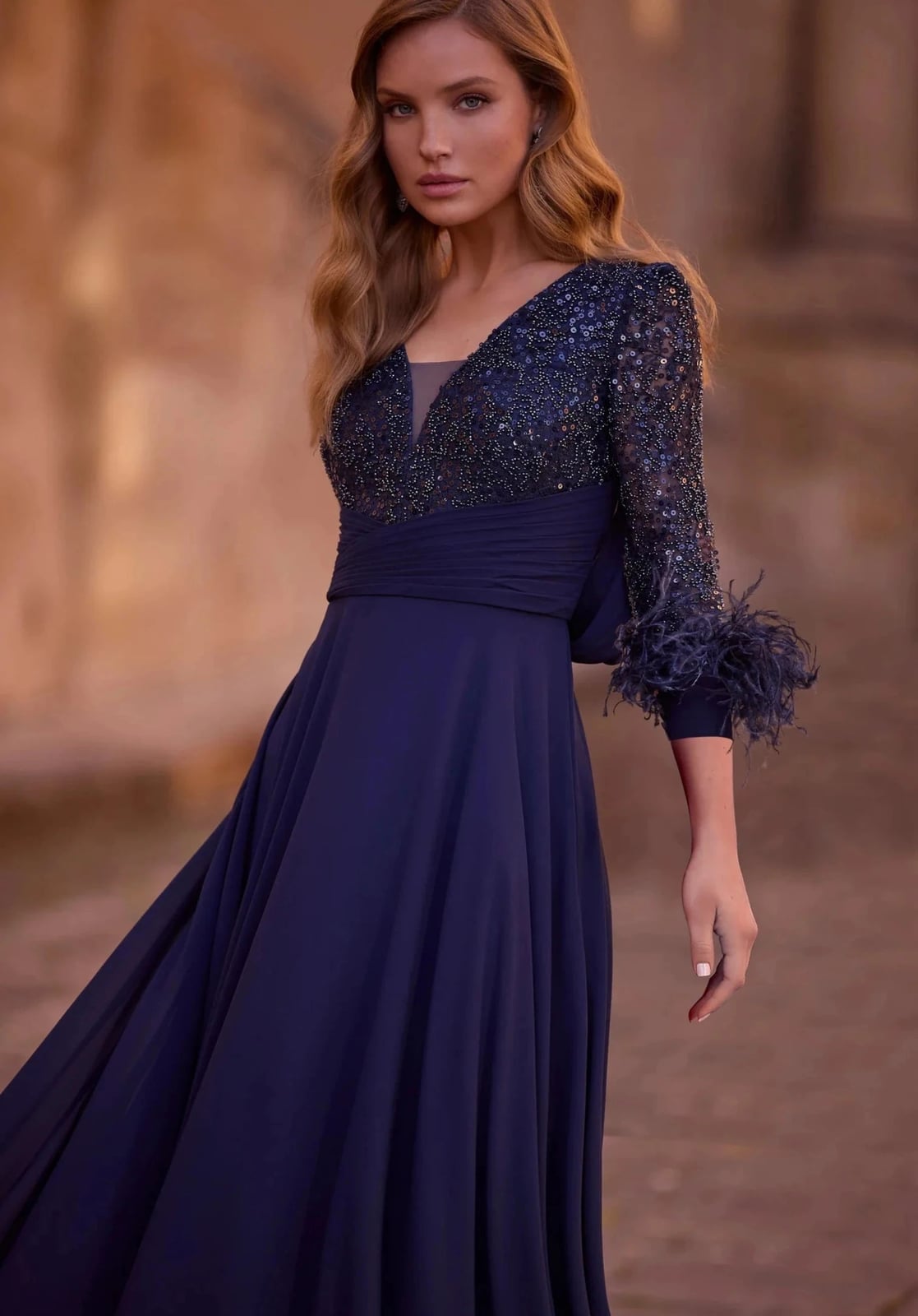 Navy Blue Chiffon and Mesh Dress with Feathered Cuffs — Classy Chiffon Dresses