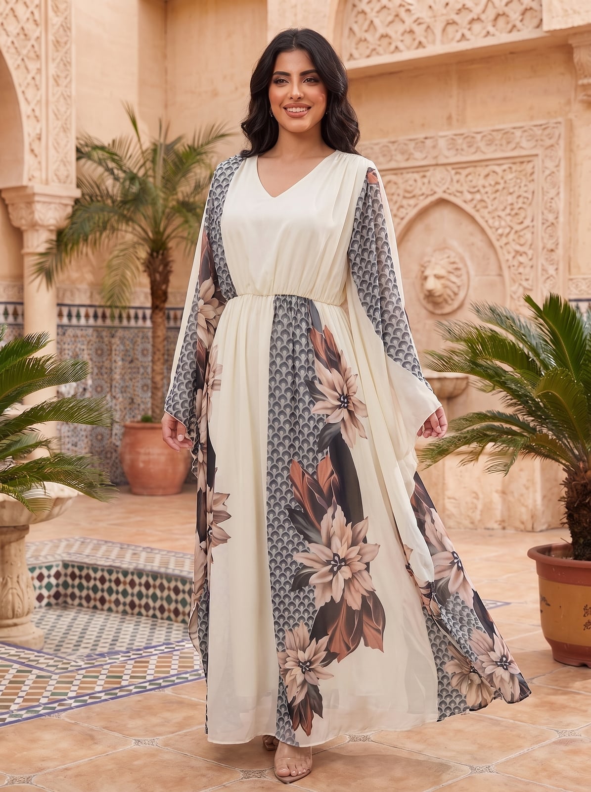 Cream Floral Chiffon Maxi Dress with Cape Sleeves — Classy Chiffon Dresses