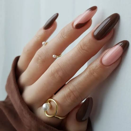 Medium Almond Nude Base Dark Brown French Tip — Classy Chocolate Nails