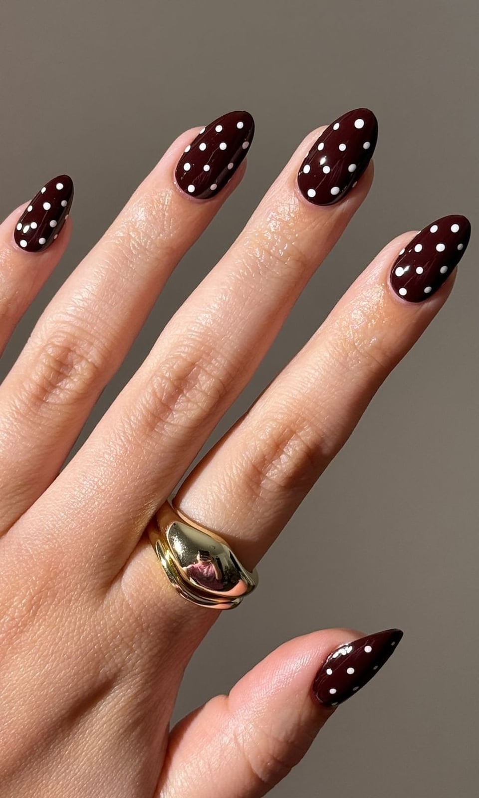 Medium Almond Chocolate with White Polka Dots — Classy Chocolate Nails