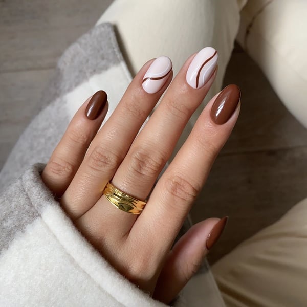 Medium Almond Sheer Base Swirls of Brown and White — Classy Chocolate Nails