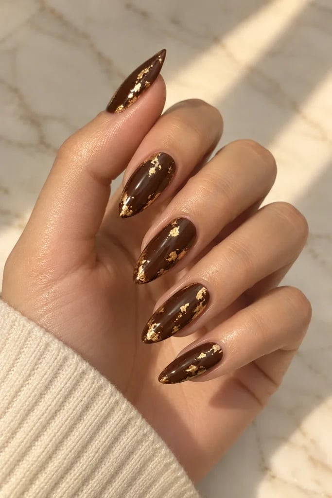 Medium Almond Dark Brown with Gold Foil Accents — Classy Chocolate Nails