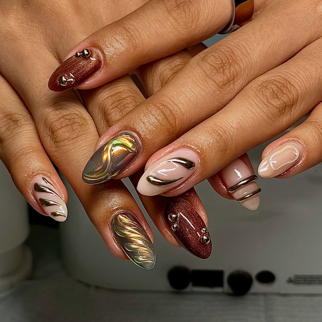 Almond Cat-Eye Chrome with Metallic Bead Accents — Classy Chocolate Nails
