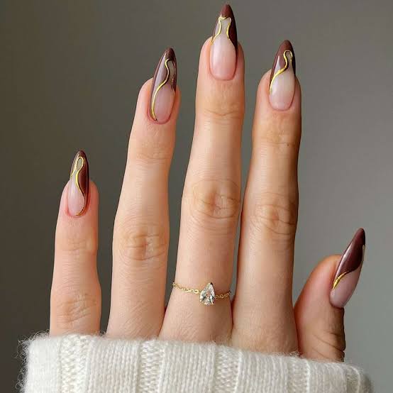 Long Almond Sheer Nude Abstract Brown Gold Lines — Classy Chocolate Nails