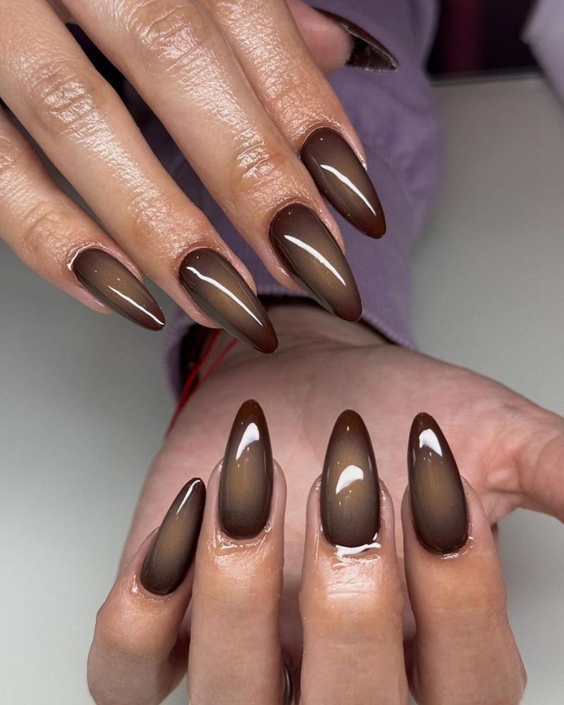 Long Almond Glossy Brown to Lighter Brown Ombre — Classy Chocolate Nails