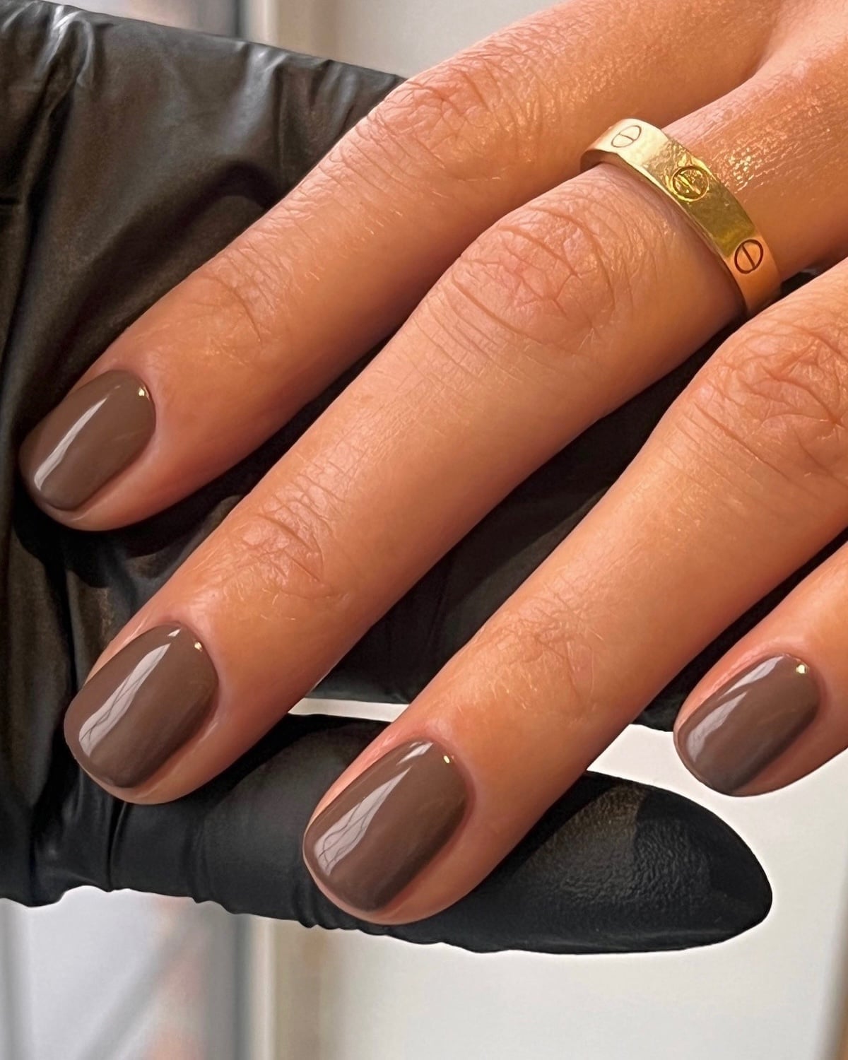 Short Soft Square Warm Chocolate with Gold Dot Accent — Classy Chocolate Nails