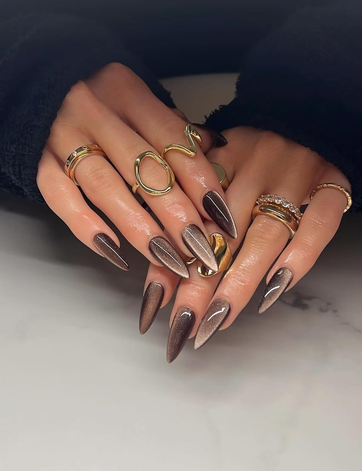 Short Soft Square Chocolate with Gold Leaf Accent Nail, Close-Up Take — Classy Chocolate Nails