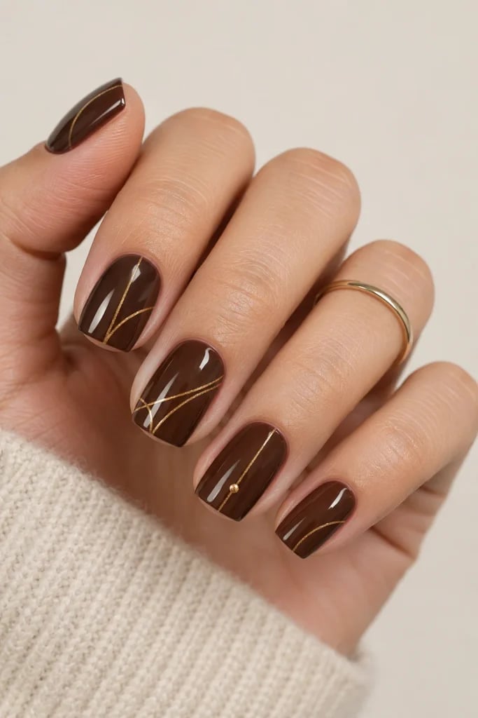 Short Square Deep Brown with Thin Gold Lines — Classy Chocolate Nails