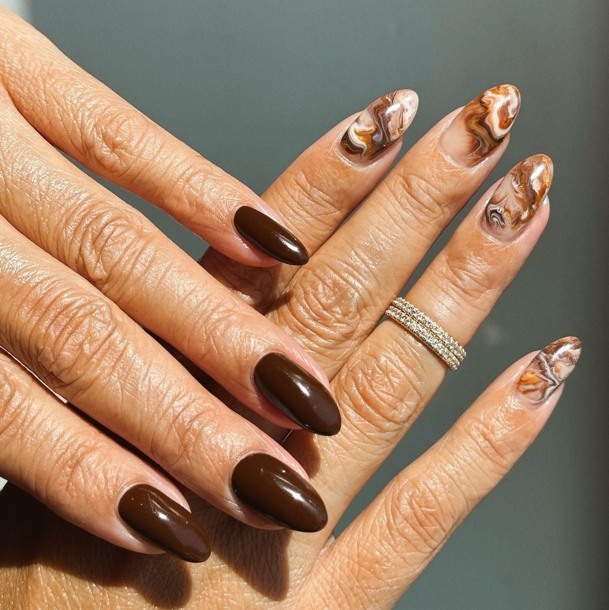Medium Almond Tortoiseshell and Gold Cuticle Line — Classy Chocolate Nails