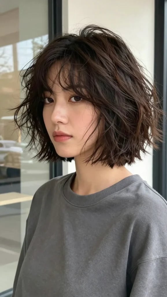 Textured Chin Length Bob With Wispy Bangs Textured Chin Length Bob With Wispy Bangs — Classy Choppy Bob Haircuts