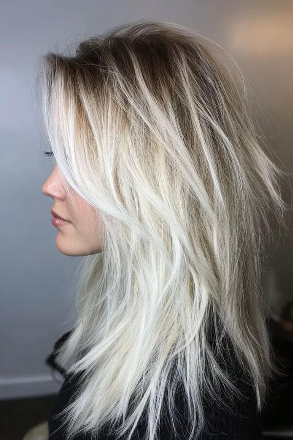 Collarbone Shag With Platinum Blonde Roots — Classy Choppy Layers