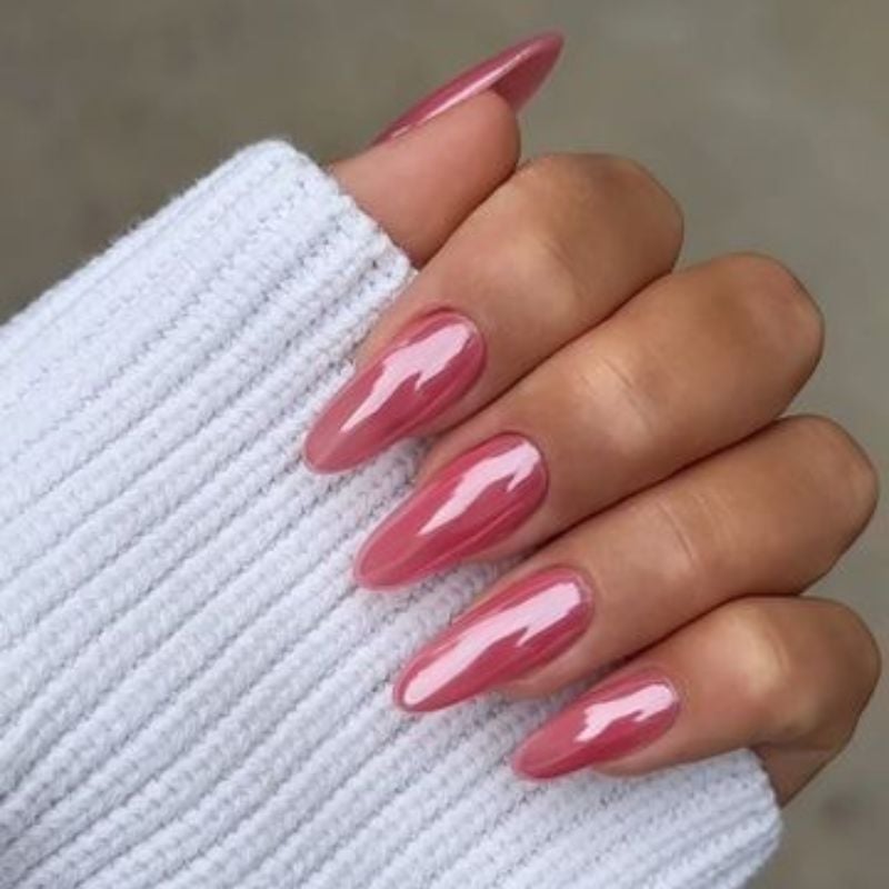 Vibrant Rose Gold Pink Undertone Chrome Stiletto — Classy Chrome Nails
