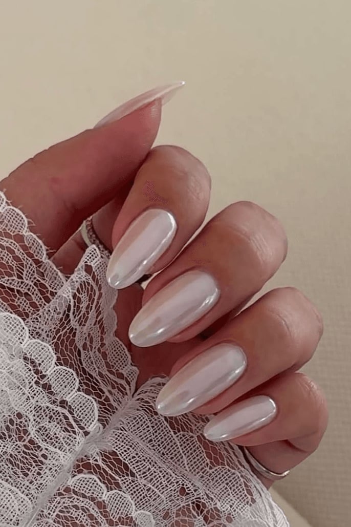 Milky White Pearlescent Chrome Medium Almond — Classy Chrome Nails