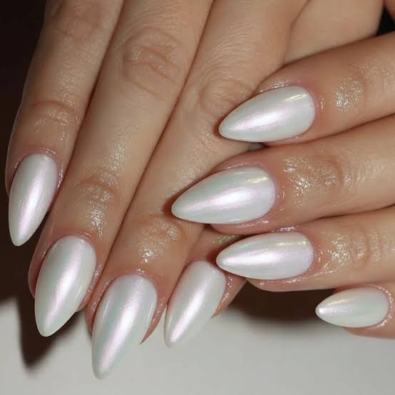 Opalescent White Chrome Almond Nails — Classy Chrome Nails