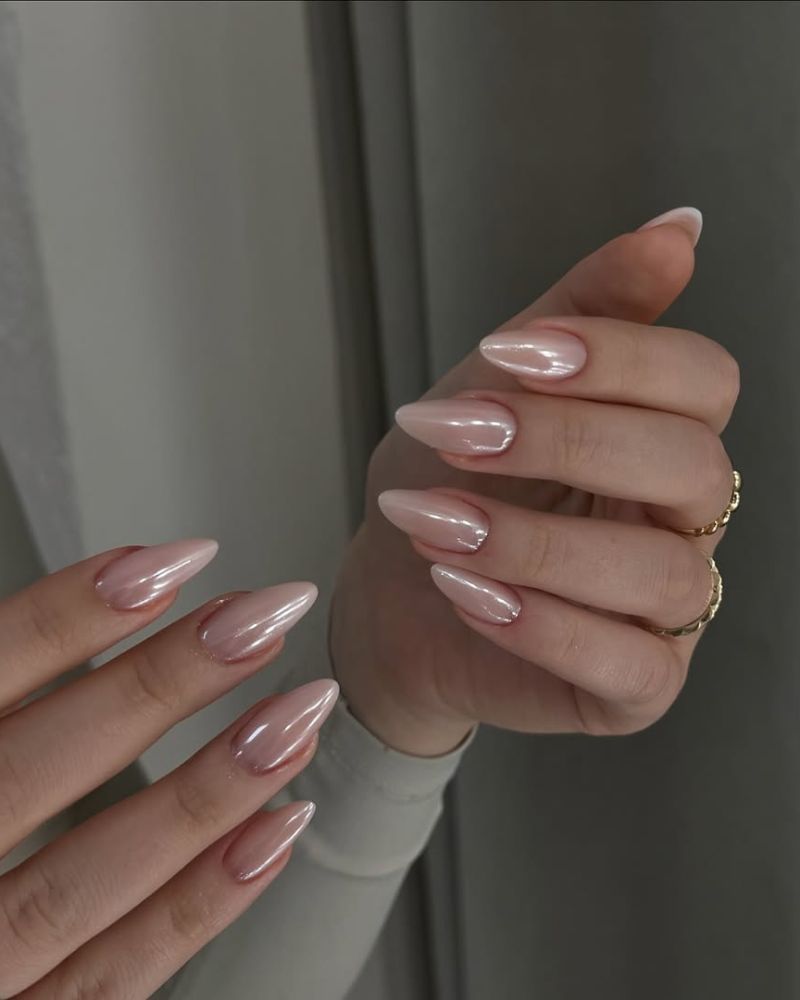 Subtle Pearlescent Pale Pink Chrome Almond With Full Nail Coverage — Classy Chrome Nails