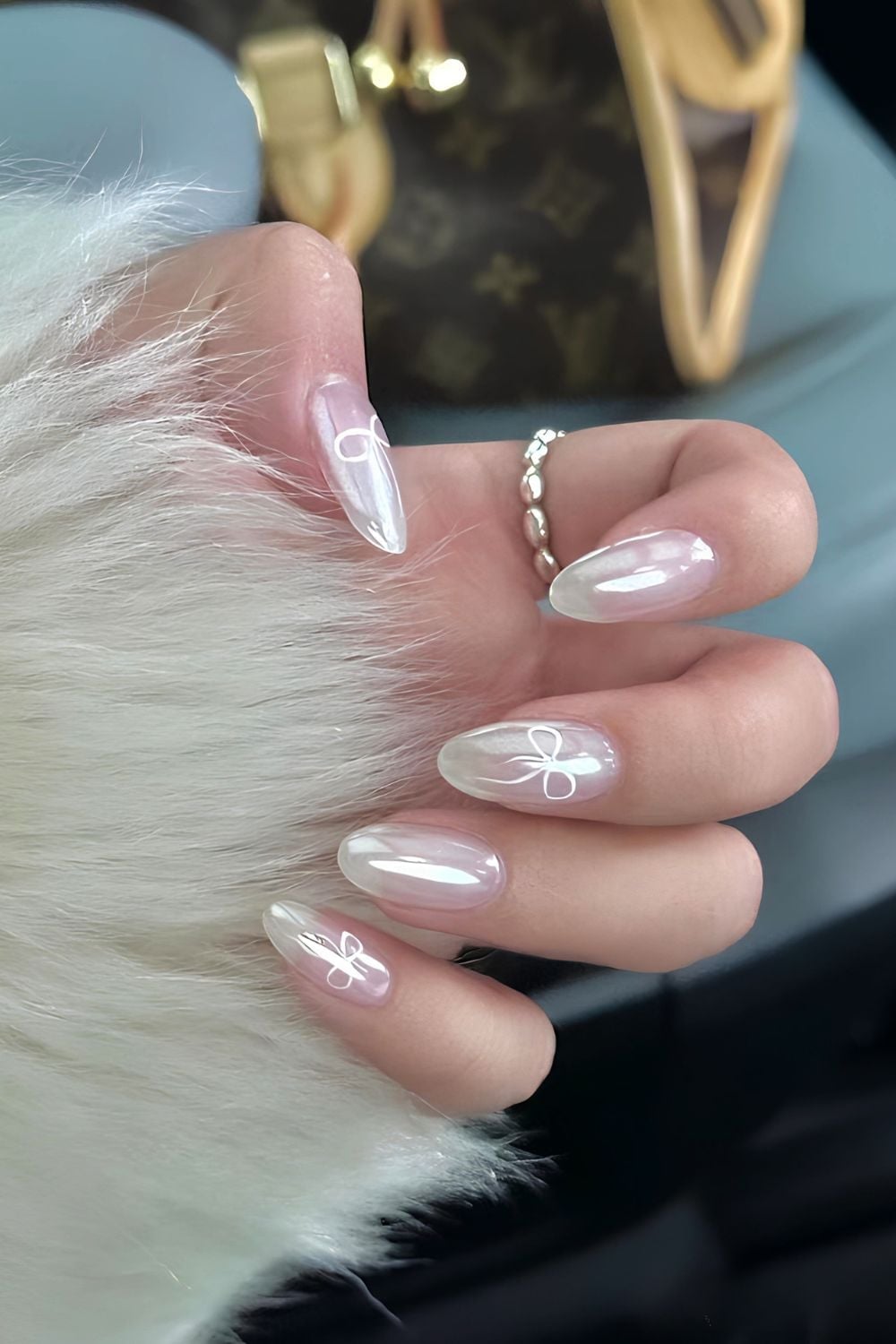 Medium Almond Chrome with White Bows — Classy Chrome Nails