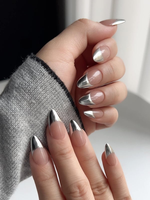 Medium Almond Silver Chrome French Tips — Classy Chrome Nails