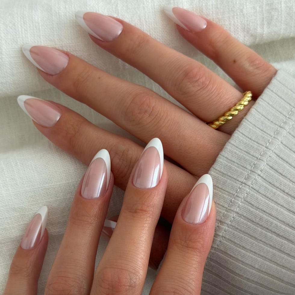Medium Almond Chrome French Tips Nude Base, Close-Up Take — Classy Chrome Nails