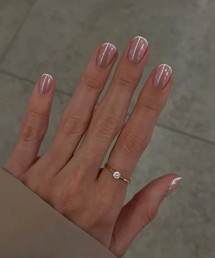 Short Oval Nude Base White Chrome French Tips — Classy Chrome Nails