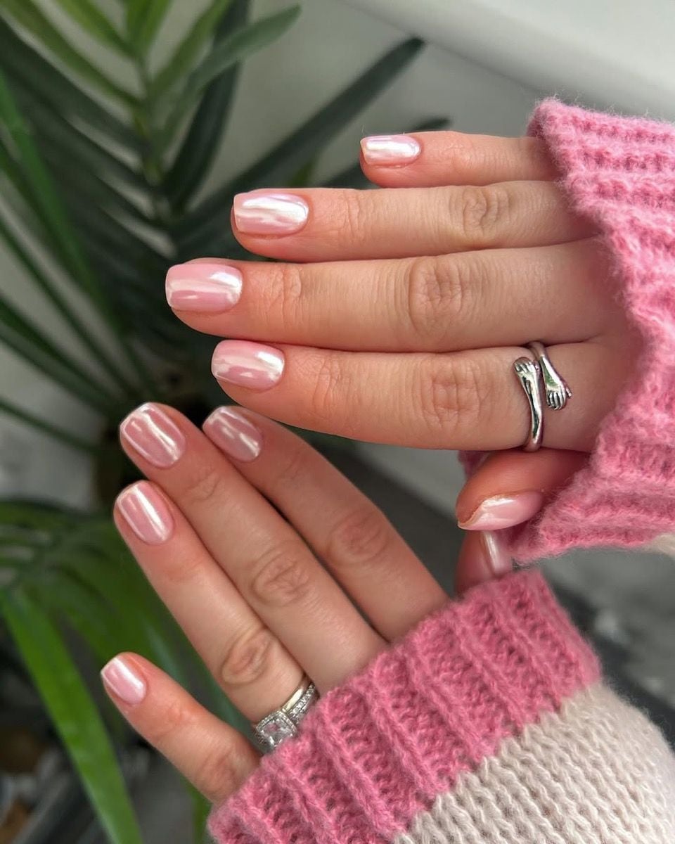 Short Square Pearlescent Pink Chrome Nails — Classy Chrome Nails