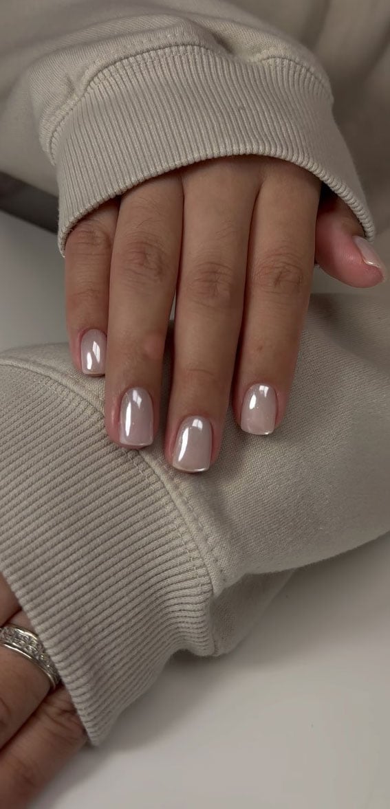 Short Square Pale Pink Nude Iridescent Chrome — Classy Chrome Nails