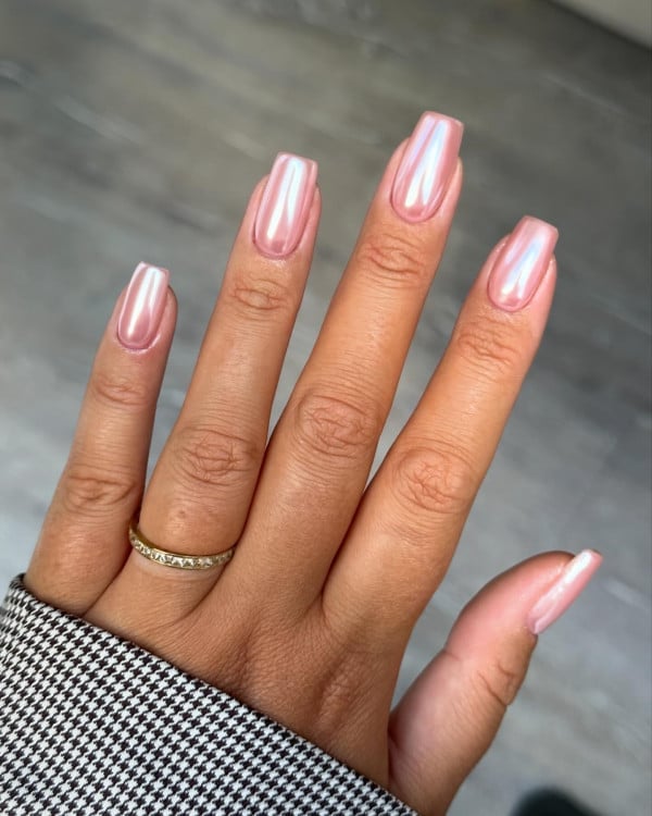 Short Square Light Pink Pearlescent Chrome With Full Nail Coverage — Classy Chrome Nails