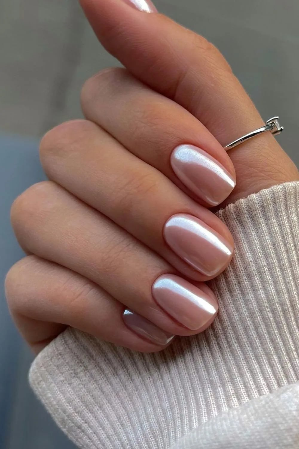 Short Oval Pale Pink Iridescent Chrome — Classy Chrome Nails