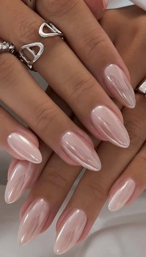 Pearlescent Pale Pink Chrome Almond Nails — Classy Chrome Nails