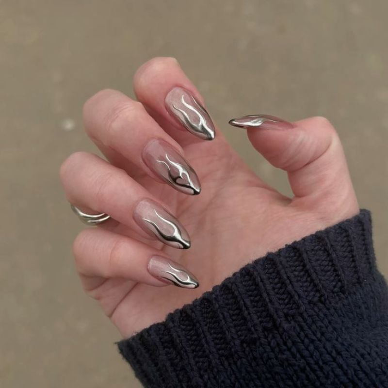 Metallic Silver Tip Sheer Pink Glossy Almond Nails Metallic Silver Tip Sheer Pink Glossy Almond Nails — Classy Chrome Nails Colors